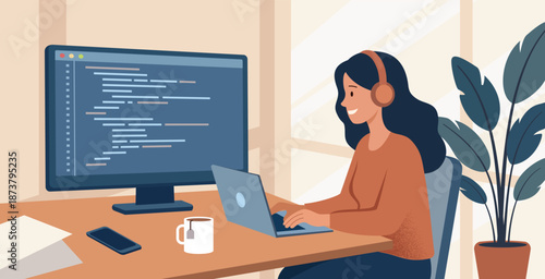 Female Software Engineer Coding in Modern Tech Office, Flat Vector Illustration of Women in STEM for International Women's Day 2026