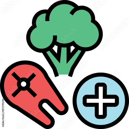 Food icons: broccoli, steak, plus sign