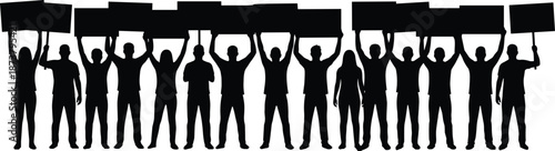 Protesters holding blank banners silhouette vector illustration showing group of people demonstrating together, activism, freedom of speech, and public protest concept isolated on white