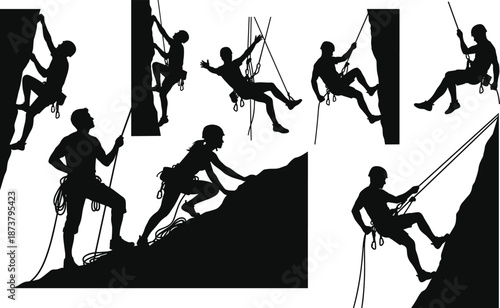 Rock climbing silhouette vector collection showing climbers ascending and rappelling on cliffs with ropes, adventure sport and mountaineering action poses isolated on white