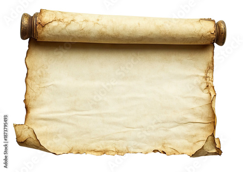 Aged, rolled parchment paper with wooden ends, blank space