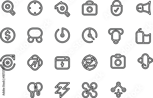 Set of linear vector icons for digital marketing, technology, finance, and web interface design elements.