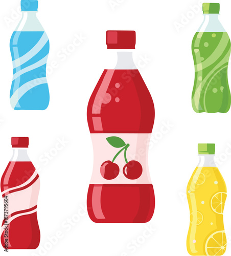 Soft drink plastic bottle vector illustration set with cherry, lemon, and flavored beverages in colorful modern packaging design isolated on white background