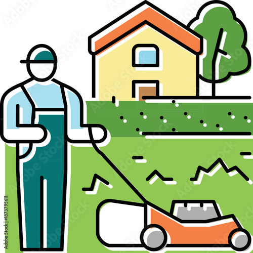 Gardener mowing lawn in front of house