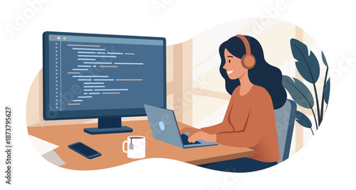 Female Software Engineer Coding in Modern Tech Office, Flat Vector Illustration of Women in STEM for International Women's Day 2026