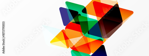 Abstract shapes overlap, creating vibrant color blends. Geometric forms suggest movement, energy, modern design. Bright hues dominate white background.