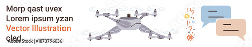 quadcopter delivery, communication, aerial surveillance, technology, innovation, remote systems. A Quadcopter next to speech bubbles. Drone delivery and communication technology conceptual visuals