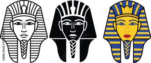 Ancient Egyptian pharaoh mask illustration set in outline black and gold styles for history culture and heritage design