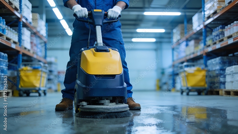 Fototapeta premium Worker Using a Floor Scrubber in a Warehouse For Cleaning and Maintenance