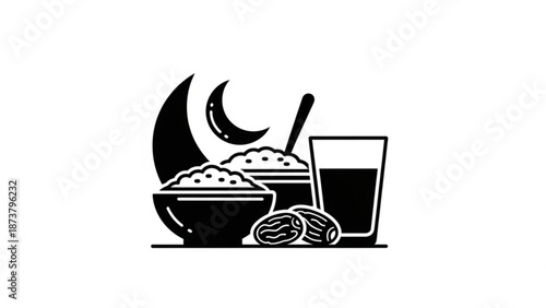 Ramadan Iftar meal icons including dates porridge and a drink with crescent moon and stars flat vector design for Islamic holidays