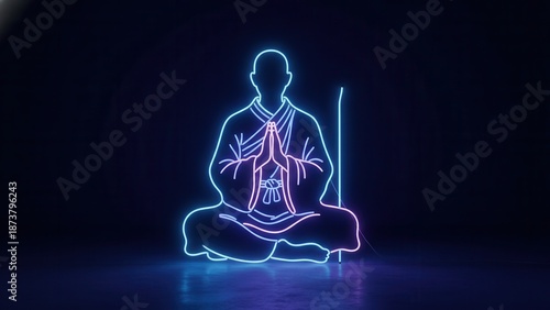 Meditating figure in glowing neon outline emanating peaceful spiritual energy on a dark background