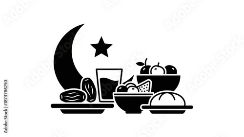 Ramadan Iftar meal icons including dates fruits and bread with crescent moon and star representing Islamic tradition and celebration