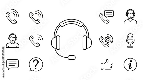 Headset and Communication Icons Set Illustration.