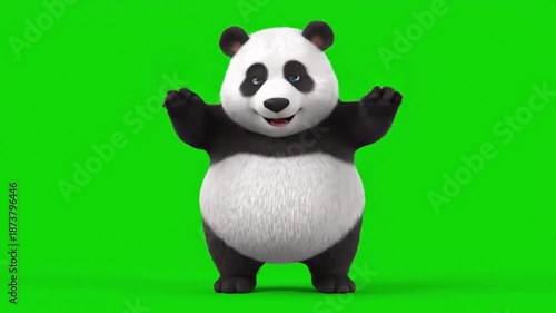 playful cute 3D panda cartoon character performing happy dance full body visible chubby proportions soft fur material expressive smiling face joyful mood smooth lively motion bouncy cartoon animation 