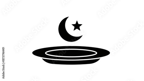 Islamic crescent moon and star icon above a plate representing halal food or Islamic cuisine simple vector graphic for religious or culinary themes