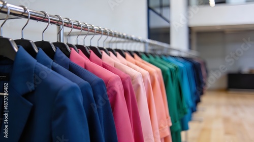 Row Of Colorful Suits On Hangers In a Fashion Boutique for the New Season