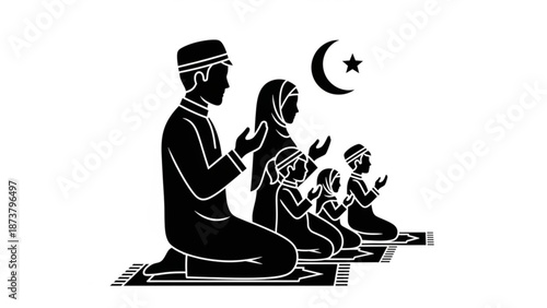Muslim family praying together on prayer mats Islamic crescent moon and star symbol concept of faith and devotion vector illustration