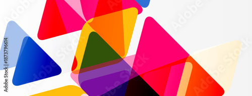 Colorful triangles overlap, creating abstract composition. Bright hues dominate white background. Modern design element.