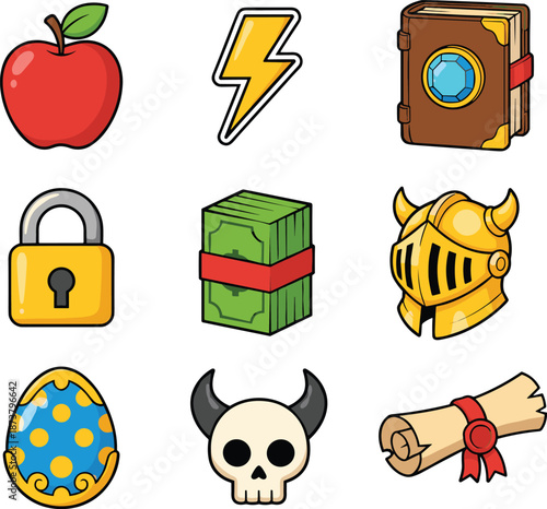 Colorful fantasy game icons set featuring apple lightning spellbook armor treasure skull scroll lock and egg for RPG mobile UI design