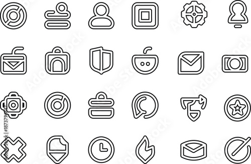 Collection of linear vector icons for business, finance, multimedia and web interface design elements.