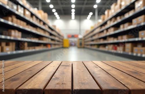 Wallpaper Mural Empty retail store shelves stocked with brown boxes and products. Wooden planks foreground. Warehouse interior view with overhead lighting. Commercial space with goods on display. Torontodigital.ca