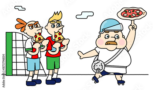 サッカー少年とピザを運ぶ職人が並ぶコミカルな対比イラスト