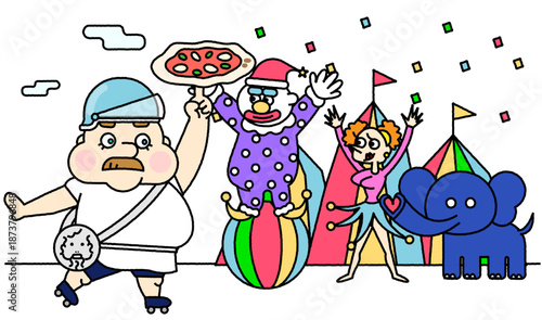 ピザを掲げた職人とサーカスの仲間たちが集まる賑やかなイベントイラスト