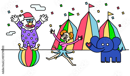 サーカスの仲間たちが集まるカラフルで楽しいイベントイラスト