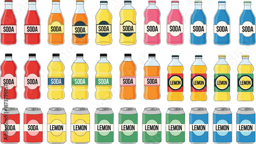 Colorful soda and lemon soft drink packaging vector set with glass bottles, plastic bottles, and aluminum cans isolated on white background