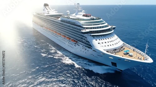 Aerial view of a large cruise ship sailing on the ocean water.