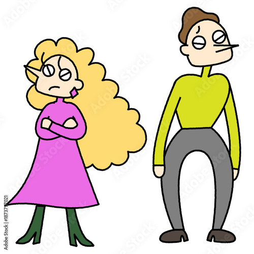 そっぽを向いて距離を取る男女を描いたコミカルなイラスト