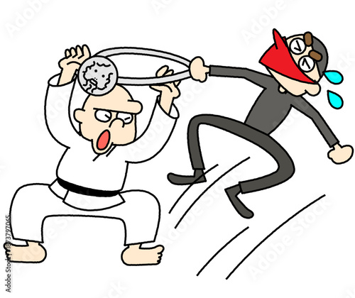 問題行動を強く制止されて吹き飛ばされる人物のコミカルなイラスト