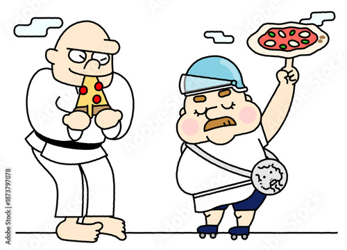 感謝の気持ちを込めてピザを手渡す人物を描いたコミカルなイラスト