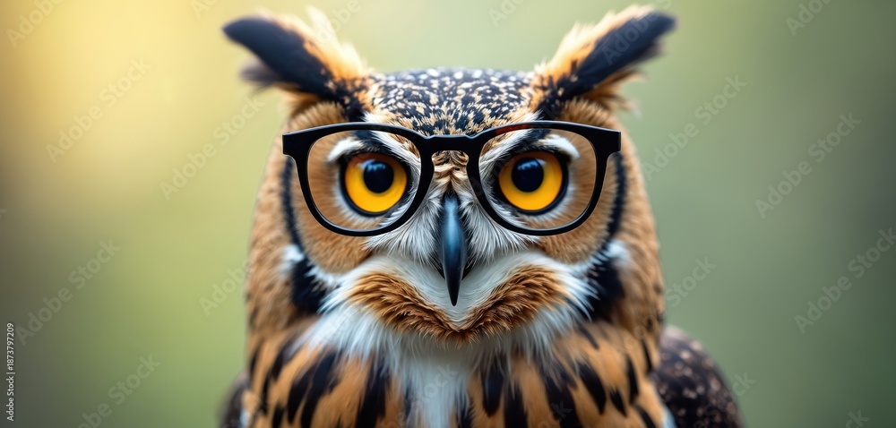 Obraz premium Wise owl bird wears black glasses staring intently. Avian creature with sharp eyes, feathered face, and vision. Intelligent animal headshot for educational themes.