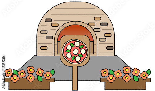 石窯で焼かれるピザを正面から描いたポップでシンプルなイラスト