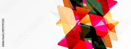 Abstract colorful shapes overlap, creating dynamic composition. Bright hues contrast against white background. Modern design element.