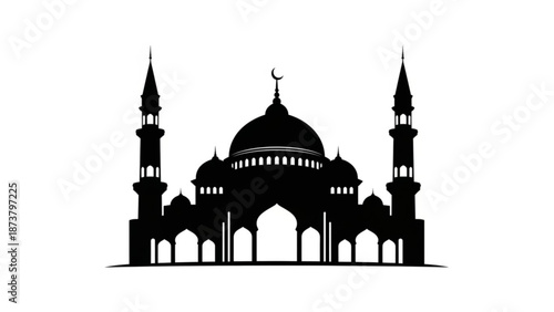 Silhouette of a grand mosque with minarets and dome Islamic architecture symbol for religious and cultural themes isolated on white background