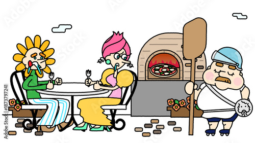 石窯ピザ店のテラス席と職人を描いた賑やかな街角イラスト