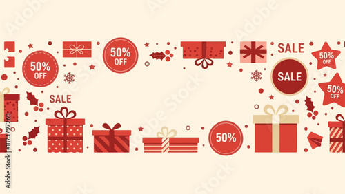 Flat lay of various red Christmas sale icons and gift symbols on a light peach background with festive decorations.