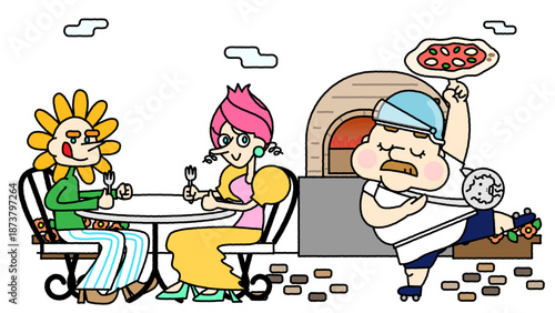 石窯ピザ店のテラス席と職人のパフォーマンスを描いた賑やかなイラスト