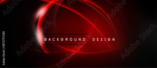 Dark red abstract background. Smooth curves create dynamic glowing lines. Text reads background design. Minimalist, modern aesthetic.