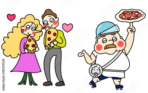 ピザを手に幸せそうなカップルと職人を描いたポップなイラスト