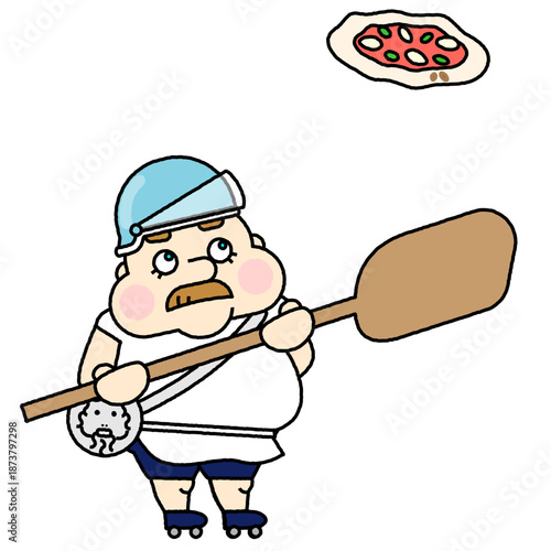 ピザを落としそうになり慌てるピザ職人風のおじさんのコミカルなイラスト