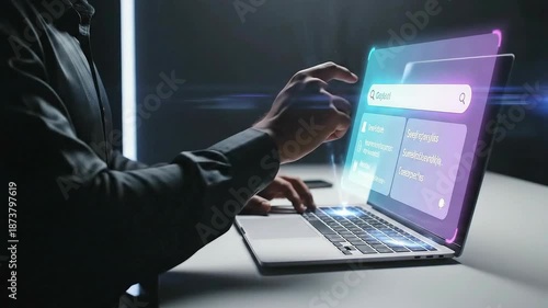 Man working on laptop with search bar on screen in dark room