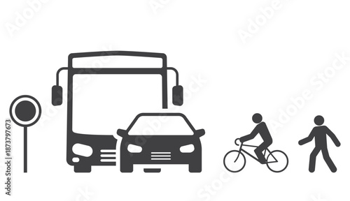 bus with car on road with bicycle and pedestrian icon