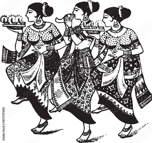 A black and white folk art illustration depicts three elegantly adorned Indian women in traditional attire, moving gracefully as if in a procession or dance. The woman on the left carries a tray holdi
