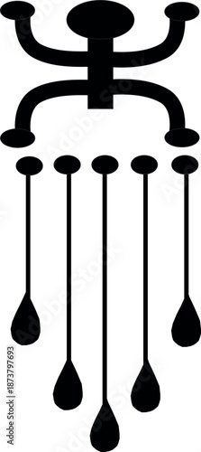 The image features a bold, black silhouette against a white background, depicting a highly stylized figure that resembles a human or anthropomorphic form. The figure has a rounded head, a central body