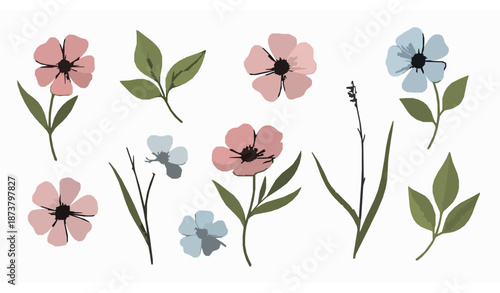 Hand Drawn Pink Blue and White Floral Vector Elements with Green Leaves and Grasses Isolated on White