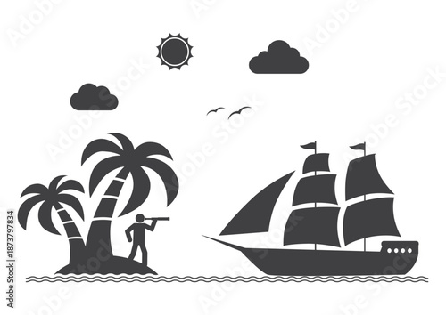 person with handheld telescope on palm island looking for sailboat icon