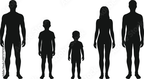 Human height comparison silhouettes set, adult men women and children standing front view, black isolated body scale illustration